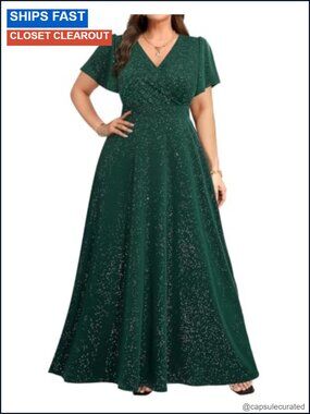 Plus Size Glitter Formal Evening Gown Ruffle Sleeve V-Neck Long Dress